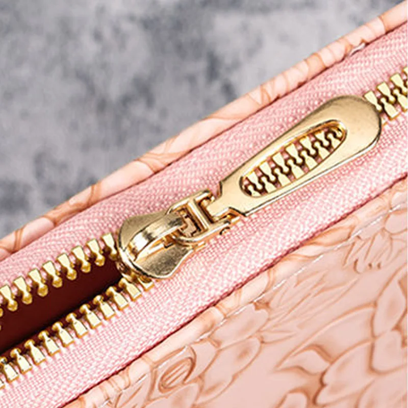 Floral Embossed Leather Women's Long Wallet - Phone Slot Credit Card Holder, Trendy Coin Clutch Purse with Hand-painted Design