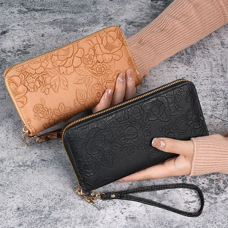 Floral Embossed Leather Women's Long Wallet - Phone Slot Credit Card Holder, Trendy Coin Clutch Purse with Hand-painted Design