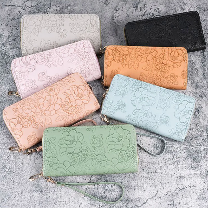 Floral Embossed Leather Women's Long Wallet - Phone Slot Credit Card Holder, Trendy Coin Clutch Purse with Hand-painted Design