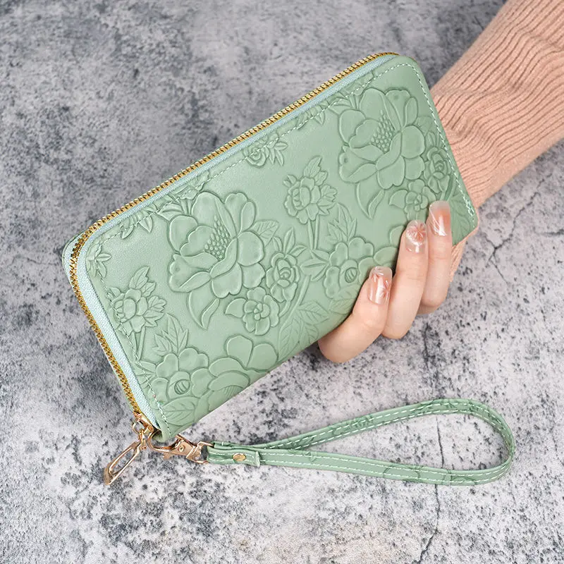 Floral Embossed Leather Women's Long Wallet - Phone Slot Credit Card Holder, Trendy Coin Clutch Purse with Hand-painted Design