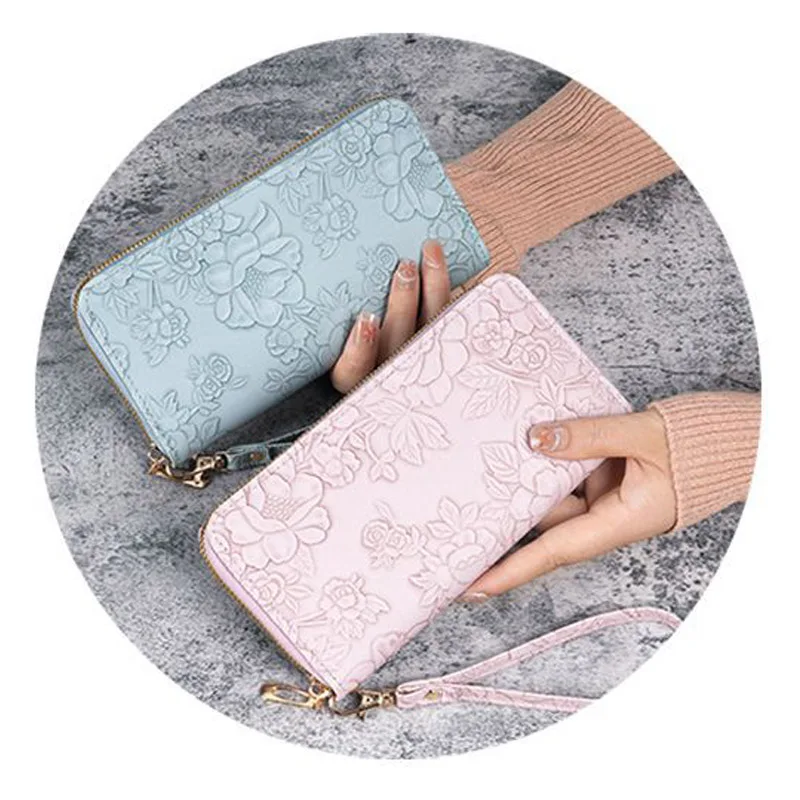 Floral Embossed Leather Women's Long Wallet - Phone Slot Credit Card Holder, Trendy Coin Clutch Purse with Hand-painted Design