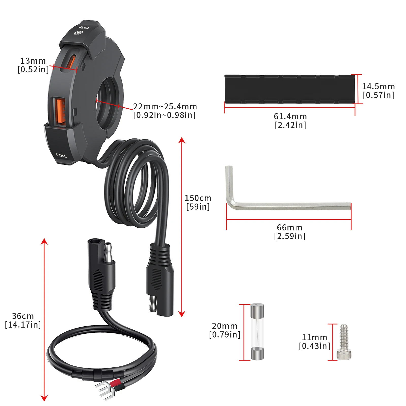 48W Quick Charge PD+QC3.0 Phone Charger Motorcycle USB Socket Waterproof Handlebar Mounting Bracket 12V-24V Power Adapter