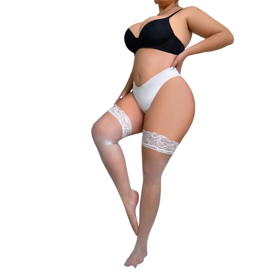 Plus Large Size Elastic Woman's Floral Lace Over The Knee Thigh High Fishnet Mesh Sexy Black Gothic Stockings Non-slip 3XXXL 5XL