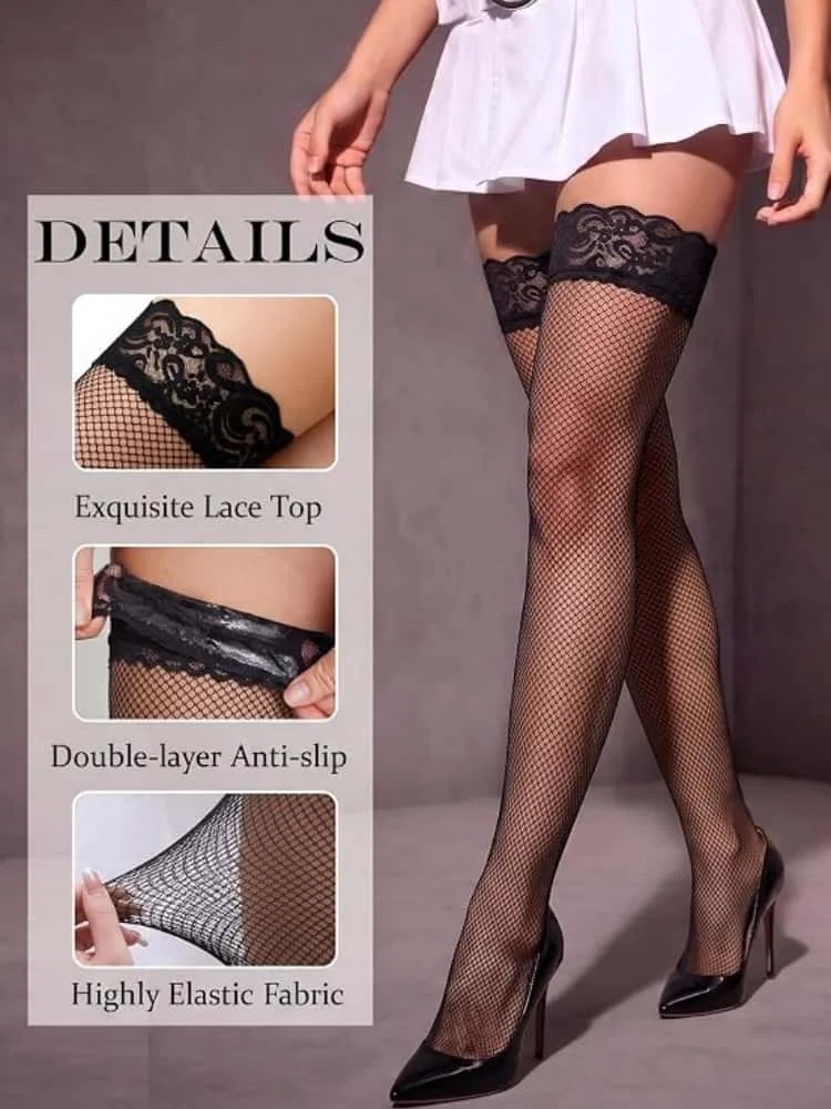 Plus Large Size Elastic Woman's Floral Lace Over The Knee Thigh High Fishnet Mesh Sexy Black Gothic Stockings Non-slip 3XXXL 5XL