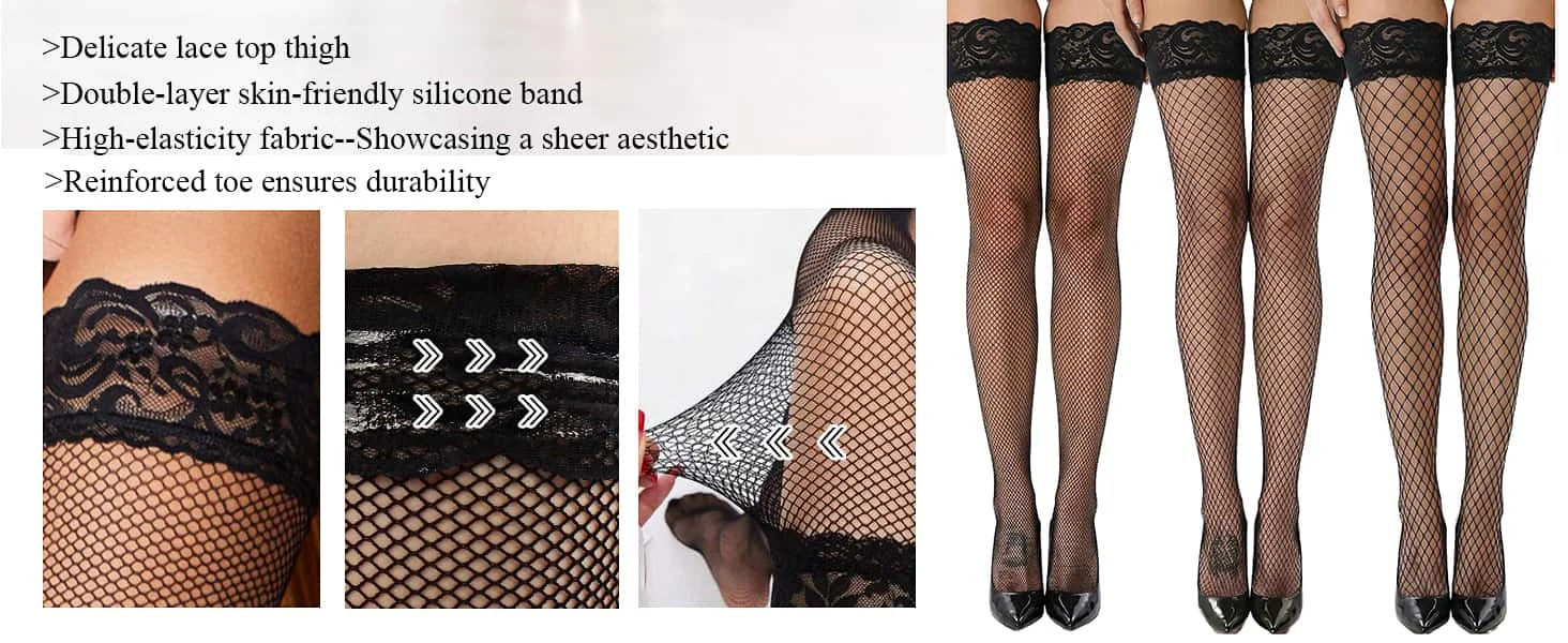 Plus Large Size Elastic Woman's Floral Lace Over The Knee Thigh High Fishnet Mesh Sexy Black Gothic Stockings Non-slip 3XXXL 5XL