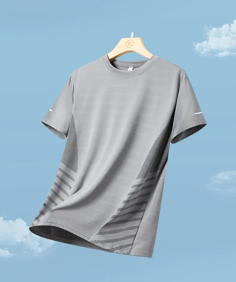 Running T-shirt Men Summer Ice Silk Elasticity Thin Top Printing Quick Dry Short Sleeve Breathable Fitness Sports T-shirt 5XL