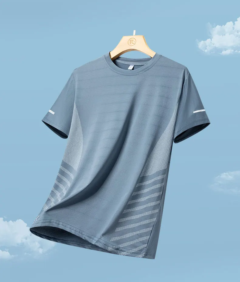 Running T-shirt Men Summer Ice Silk Elasticity Thin Top Printing Quick Dry Short Sleeve Breathable Fitness Sports T-shirt 5XL