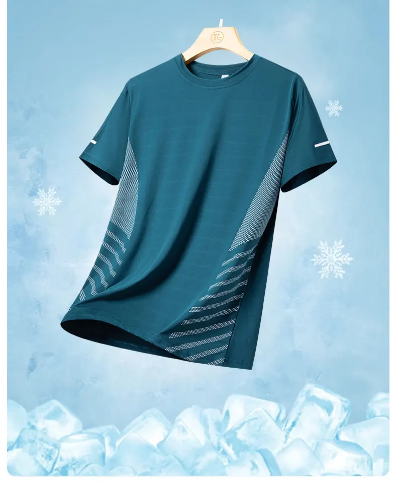 Running T-shirt Men Summer Ice Silk Elasticity Thin Top Printing Quick Dry Short Sleeve Breathable Fitness Sports T-shirt 5XL