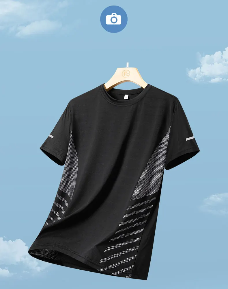 Running T-shirt Men Summer Ice Silk Elasticity Thin Top Printing Quick Dry Short Sleeve Breathable Fitness Sports T-shirt 5XL