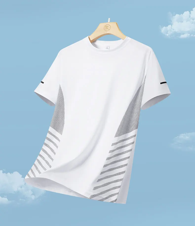 Running T-shirt Men Summer Ice Silk Elasticity Thin Top Printing Quick Dry Short Sleeve Breathable Fitness Sports T-shirt 5XL
