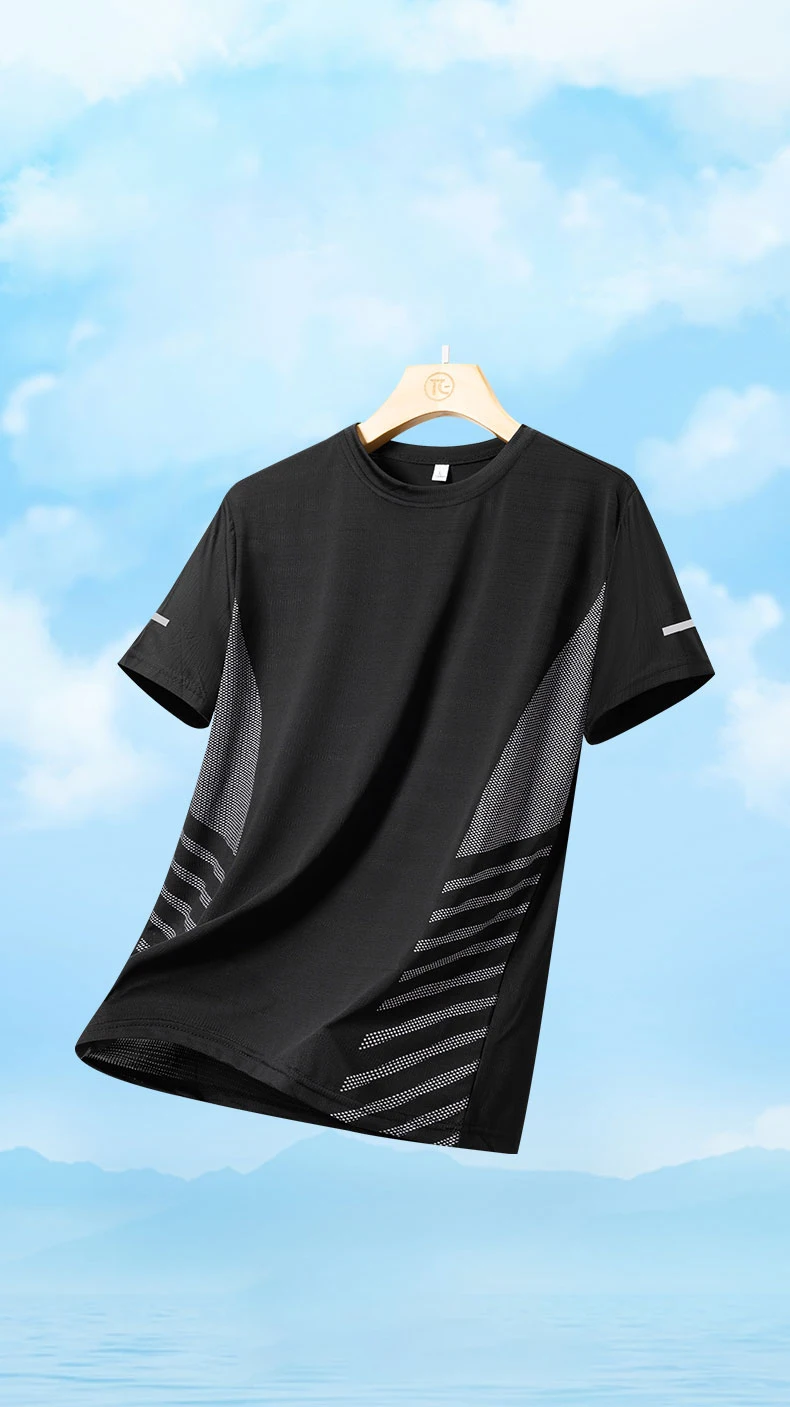 Running T-shirt Men Summer Ice Silk Elasticity Thin Top Printing Quick Dry Short Sleeve Breathable Fitness Sports T-shirt 5XL