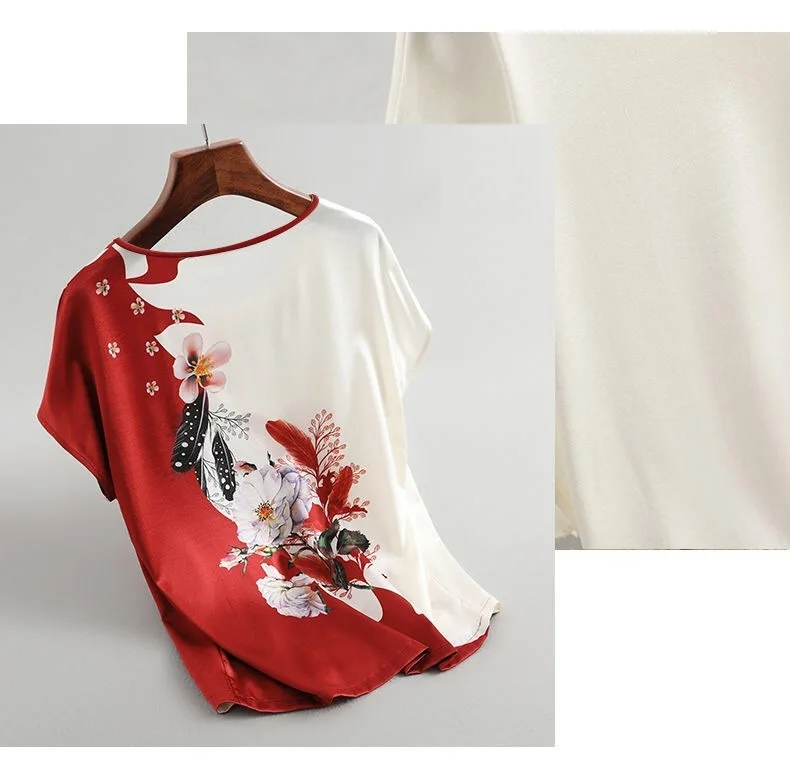 Fashion Floral Print Blouse Pullover Ladies Silk Satin Plus Size Batwing Sleeve Vintage T-shirt Casual Short Sleeve Tops