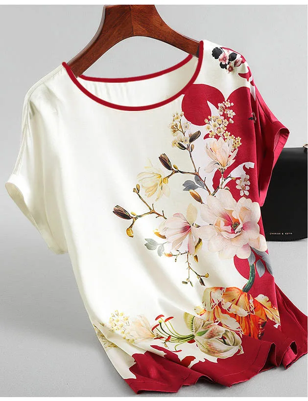 Fashion Floral Print Blouse Pullover Ladies Silk Satin Plus Size Batwing Sleeve Vintage T-shirt Casual Short Sleeve Tops