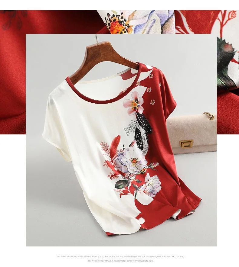 Fashion Floral Print Blouse Pullover Ladies Silk Satin Plus Size Batwing Sleeve Vintage T-shirt Casual Short Sleeve Tops