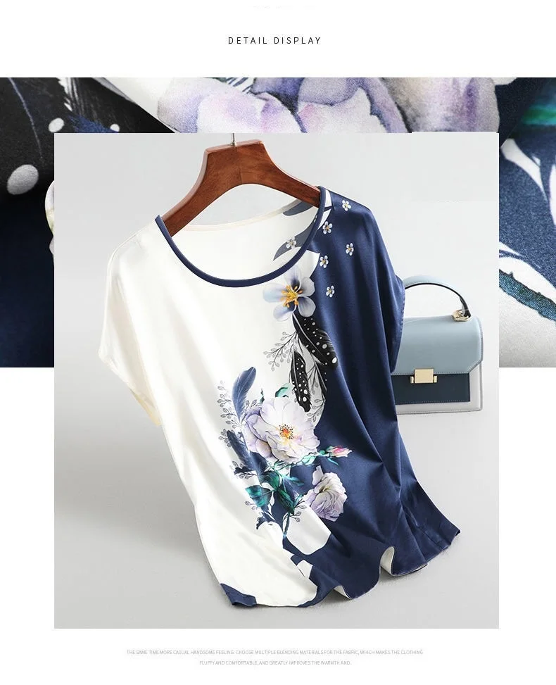 Fashion Floral Print Blouse Pullover Ladies Silk Satin Plus Size Batwing Sleeve Vintage T-shirt Casual Short Sleeve Tops