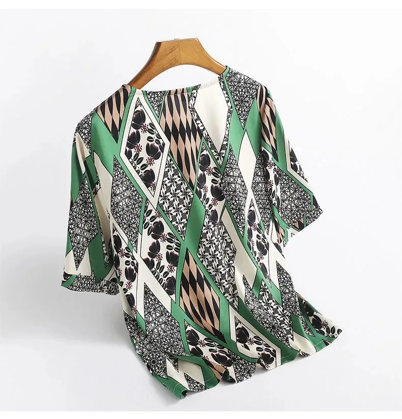 Fashion Floral Print Blouse Pullover Ladies Silk Satin Plus Size Batwing Sleeve Vintage T-shirt Casual Short Sleeve Tops