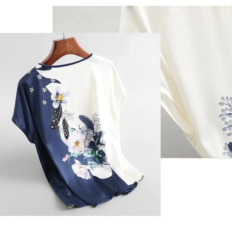 Fashion Floral Print Blouse Pullover Ladies Silk Satin Plus Size Batwing Sleeve Vintage T-shirt Casual Short Sleeve Tops