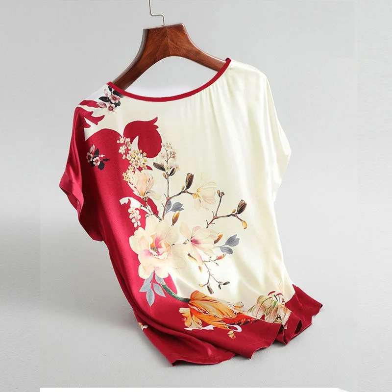 Fashion Floral Print Blouse Pullover Ladies Silk Satin Plus Size Batwing Sleeve Vintage T-shirt Casual Short Sleeve Tops