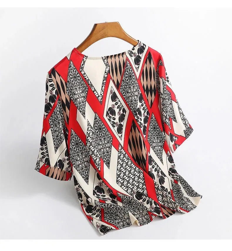Fashion Floral Print Blouse Pullover Ladies Silk Satin Plus Size Batwing Sleeve Vintage T-shirt Casual Short Sleeve Tops