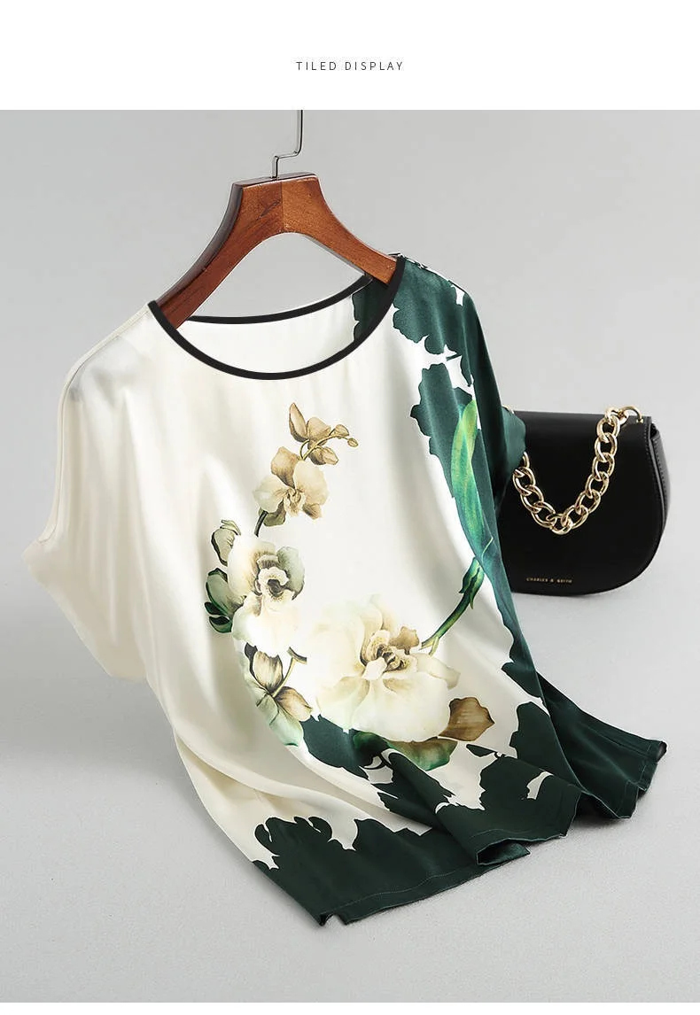 Fashion Floral Print Blouse Pullover Ladies Silk Satin Plus Size Batwing Sleeve Vintage T-shirt Casual Short Sleeve Tops