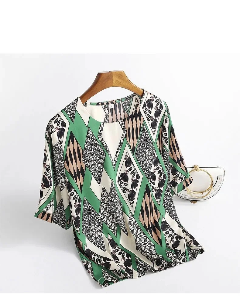 Fashion Floral Print Blouse Pullover Ladies Silk Satin Plus Size Batwing Sleeve Vintage T-shirt Casual Short Sleeve Tops