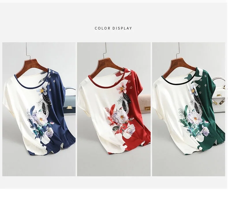 Fashion Floral Print Blouse Pullover Ladies Silk Satin Plus Size Batwing Sleeve Vintage T-shirt Casual Short Sleeve Tops