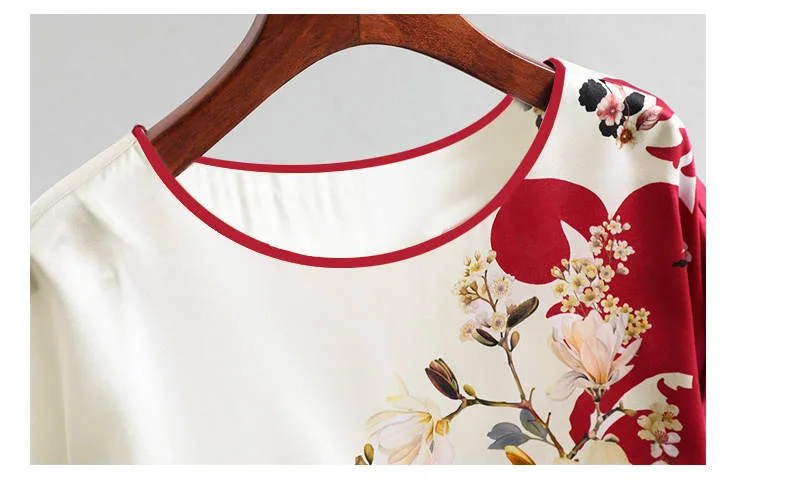 Fashion Floral Print Blouse Pullover Ladies Silk Satin Plus Size Batwing Sleeve Vintage T-shirt Casual Short Sleeve Tops