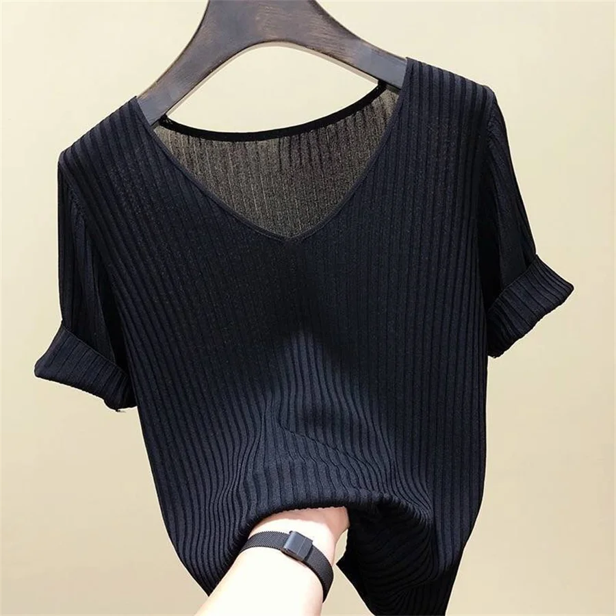 2026 Summer Blouse Women Blusas Mujer De Moda Verano Short Sleeve Blouse V-Neck Knitted Blouse Shirt Tops Women Blusas
