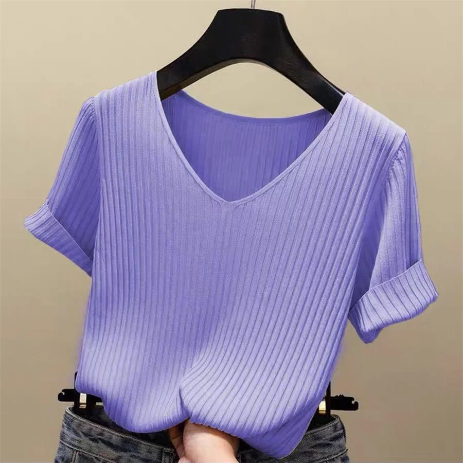 2026 Summer Blouse Women Blusas Mujer De Moda Verano Short Sleeve Blouse V-Neck Knitted Blouse Shirt Tops Women Blusas