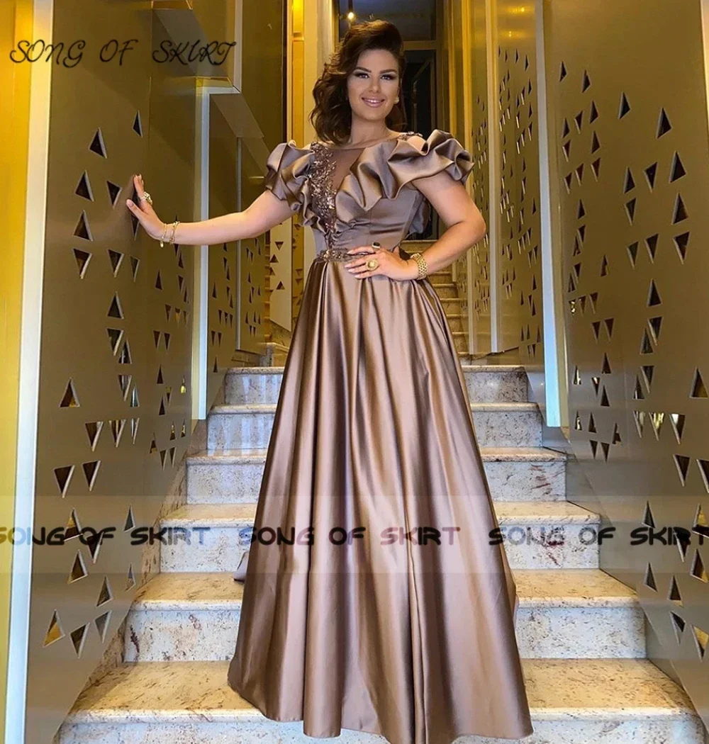 Customized Luxury Beading Mother Of Bride Dresses Light Brown Ruffle Edge Women Evening Gown Long Satin Wedding Guest Dress Robe