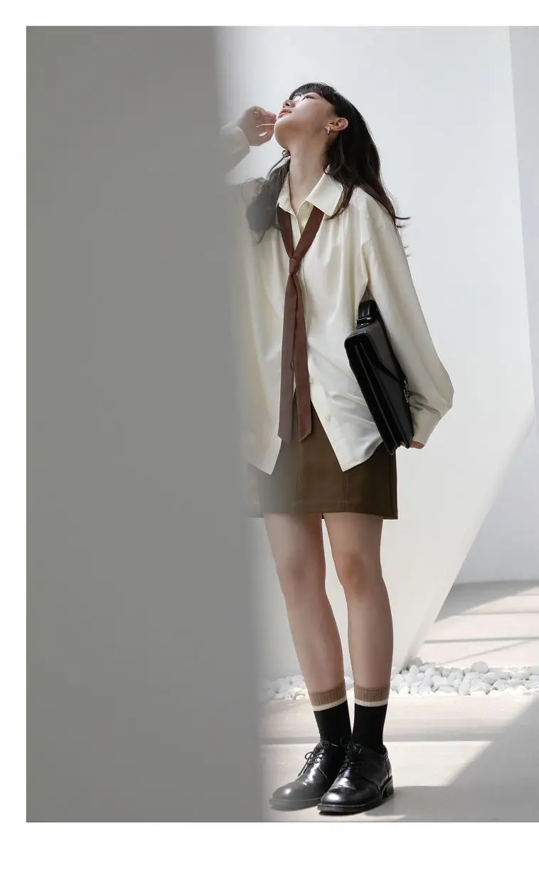 2026 Autumn Women's Oversized Long Sleeve Blouse 2026 Summer New Arrival Tie Neck Shirt Loose Fit Office Elegant Fashion