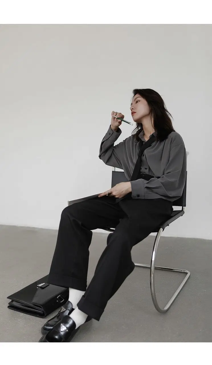 2026 Autumn Women's Oversized Long Sleeve Blouse 2026 Summer New Arrival Tie Neck Shirt Loose Fit Office Elegant Fashion