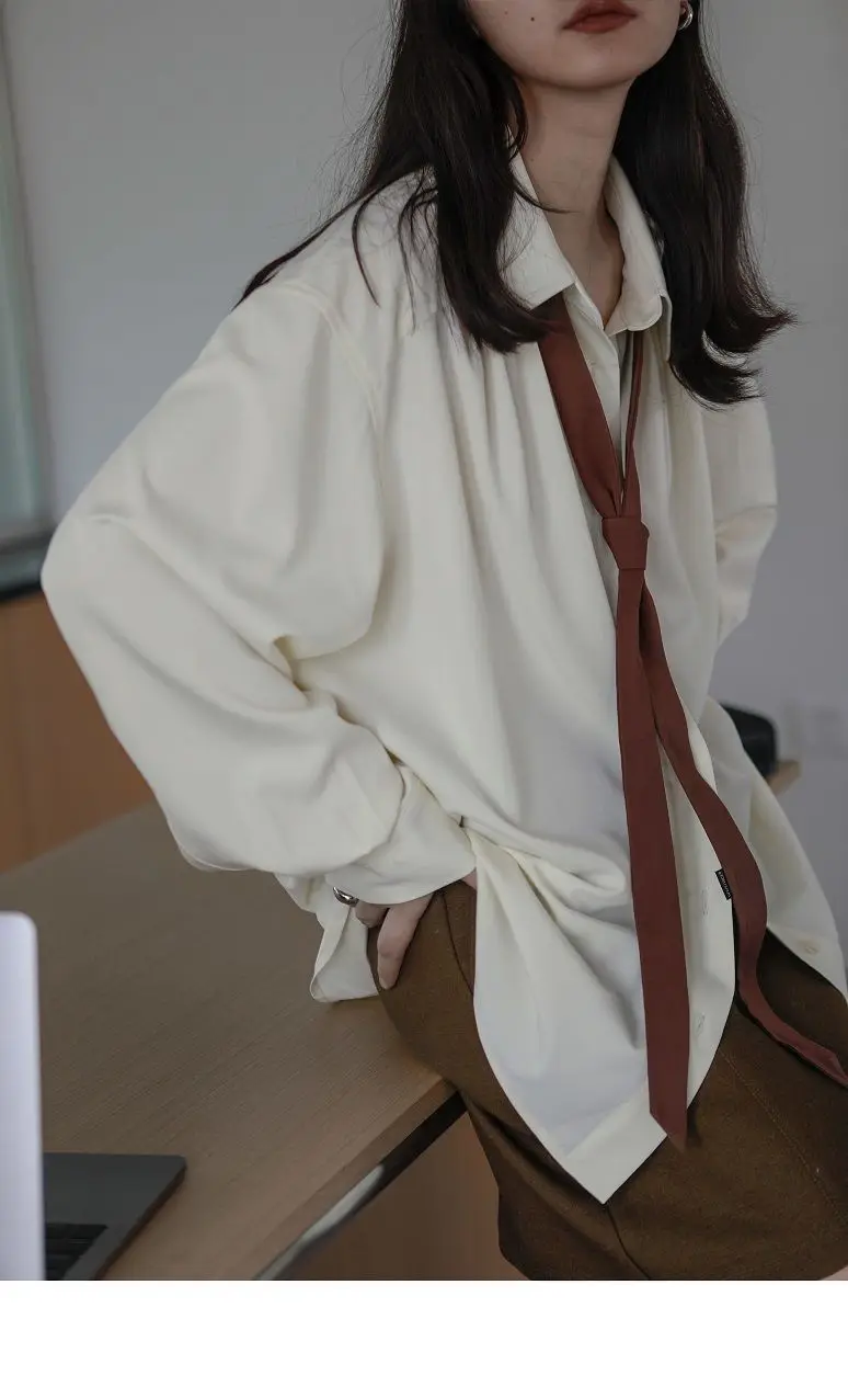 2026 Autumn Women's Oversized Long Sleeve Blouse 2026 Summer New Arrival Tie Neck Shirt Loose Fit Office Elegant Fashion