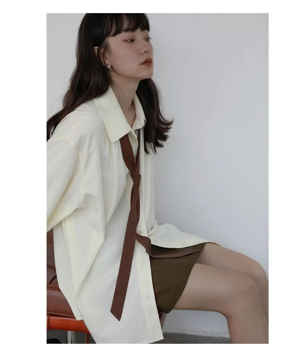 2026 Autumn Women's Oversized Long Sleeve Blouse 2026 Summer New Arrival Tie Neck Shirt Loose Fit Office Elegant Fashion