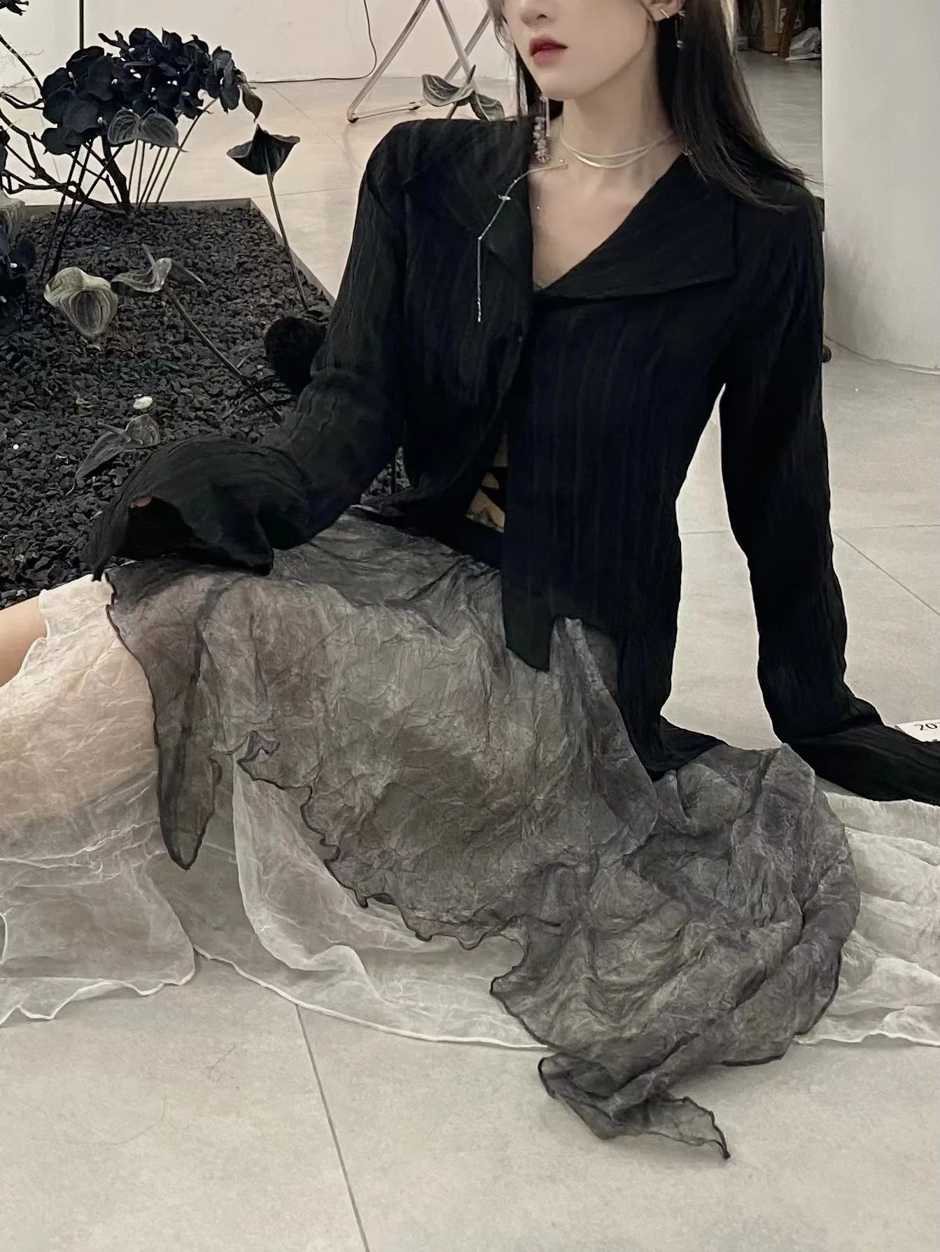 Karrram Gothic Black Shirt Yamamoto Style Dark Aesthetic Blouse Women Irregular Designer Clothes Emo Alt Clothes Grunge Tops Y2k