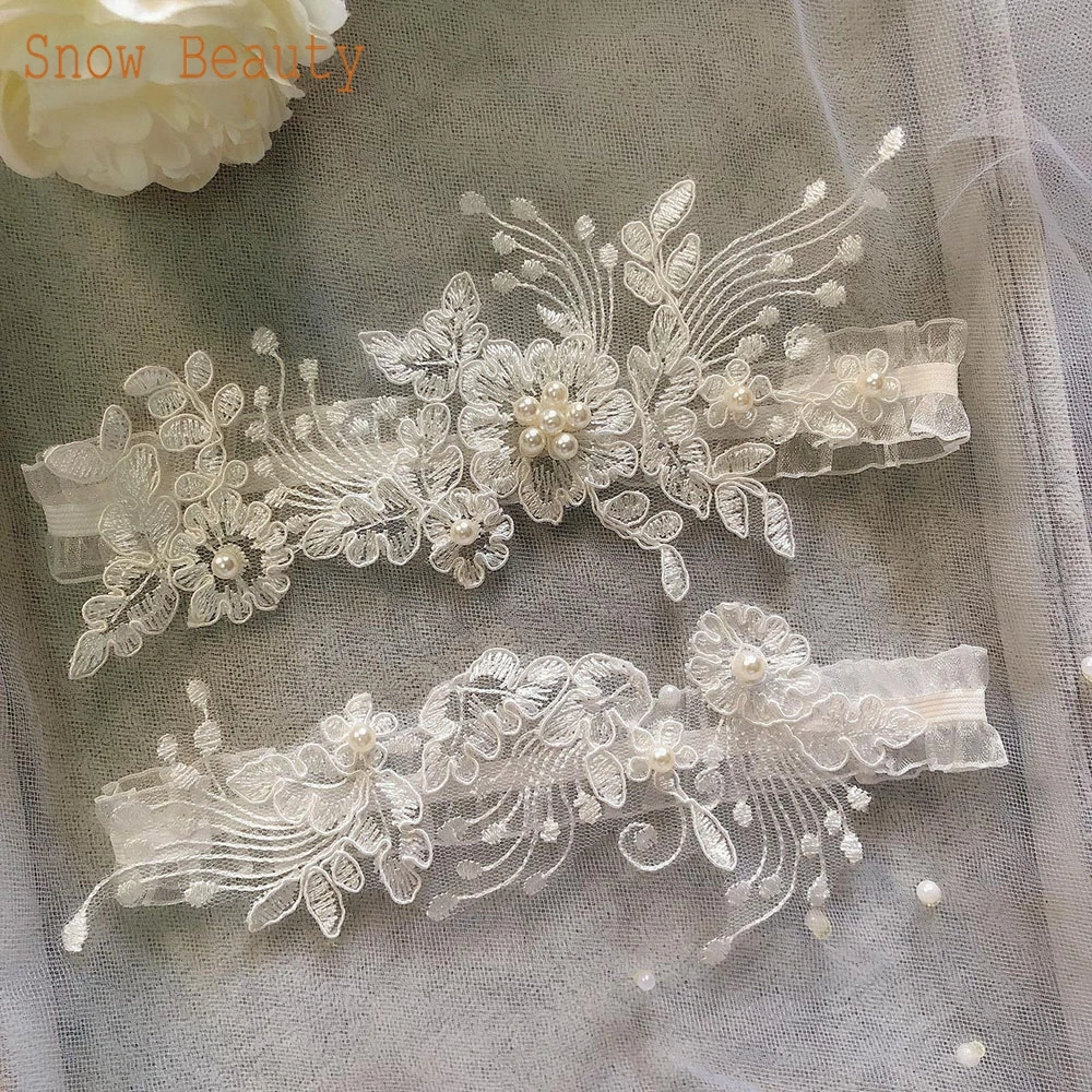 K03 2 PCS Sexy Lace Flower Crystal Pearls Wedding Garter Belt Thigh Ring Bridal Leg Garter Stocking Garter Belt Girl Women