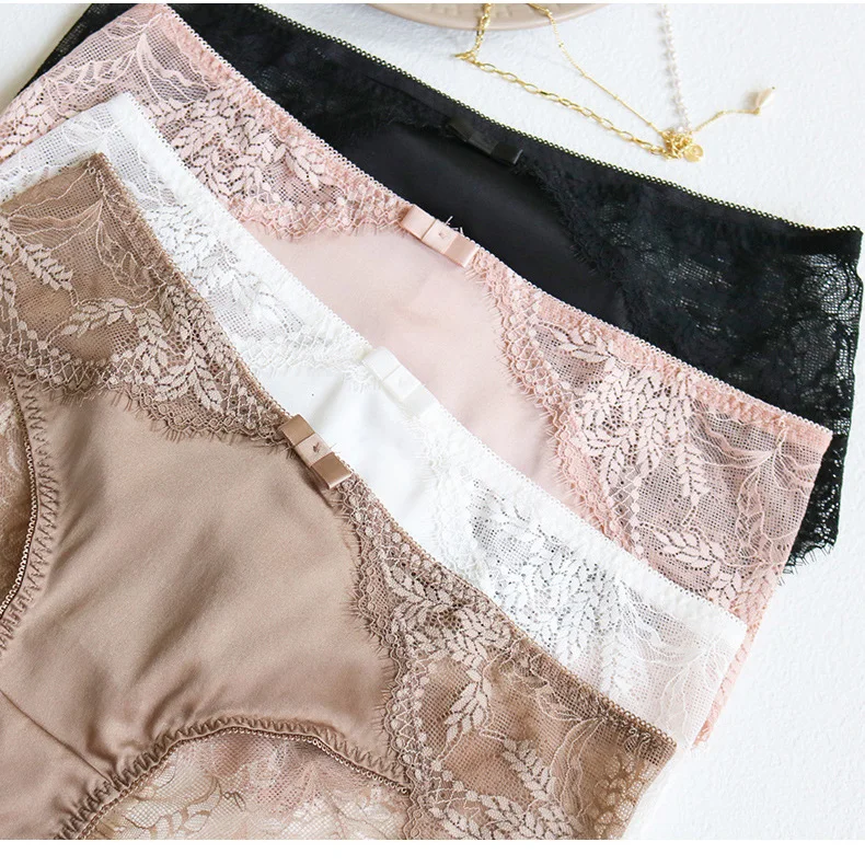 SuyaDream Women's Panties 2pcs/Lot 100% Natural Silk Lined Sexy Lace Briefs Daily Wear Comfortable Intimate Underwear Pink White