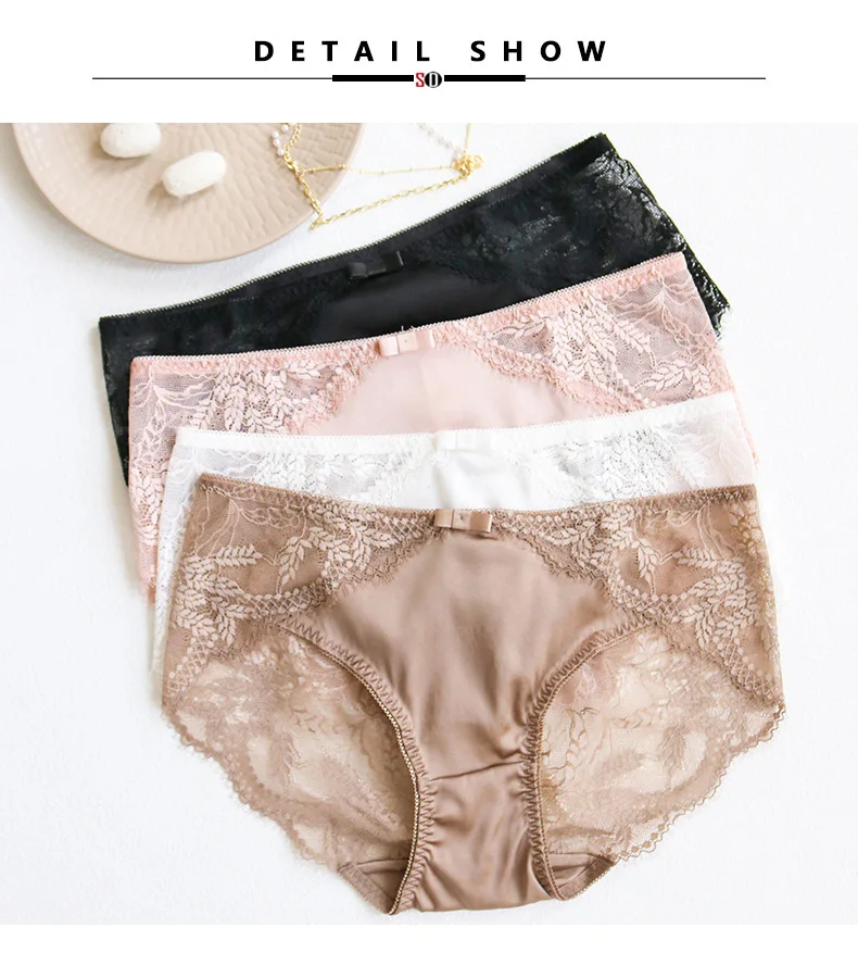 SuyaDream Women's Panties 2pcs/Lot 100% Natural Silk Lined Sexy Lace Briefs Daily Wear Comfortable Intimate Underwear Pink White