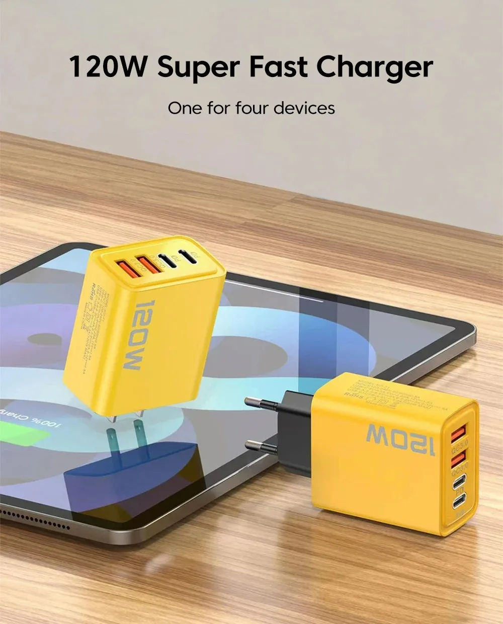 120W 4 Ports USB C Fast Charger PD Quick Charge 3.0 Wall Phone Adapter Universal Travel Charging Plug for iPhone Samsung Xiaomi