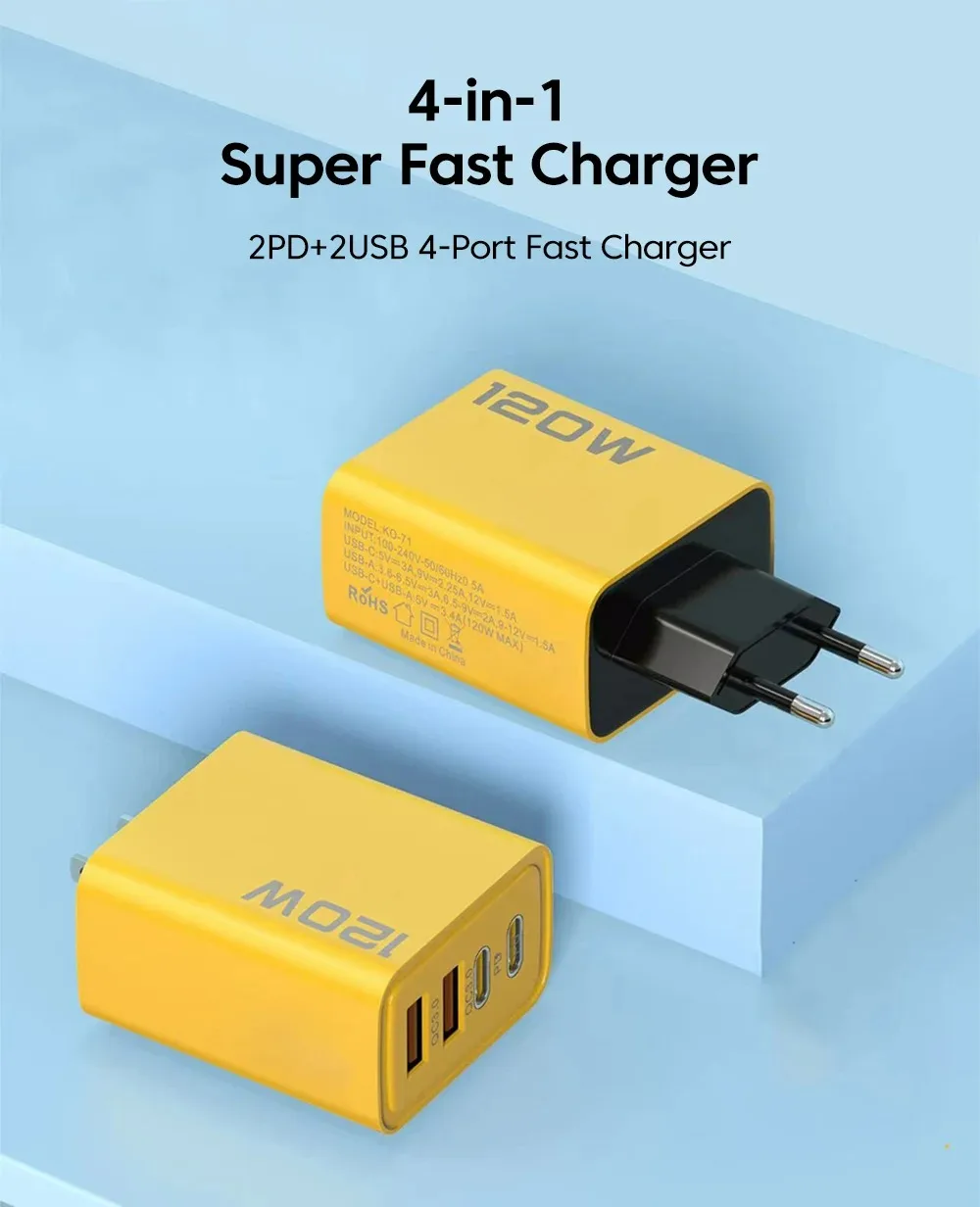 120W 4 Ports USB C Fast Charger PD Quick Charge 3.0 Wall Phone Adapter Universal Travel Charging Plug for iPhone Samsung Xiaomi