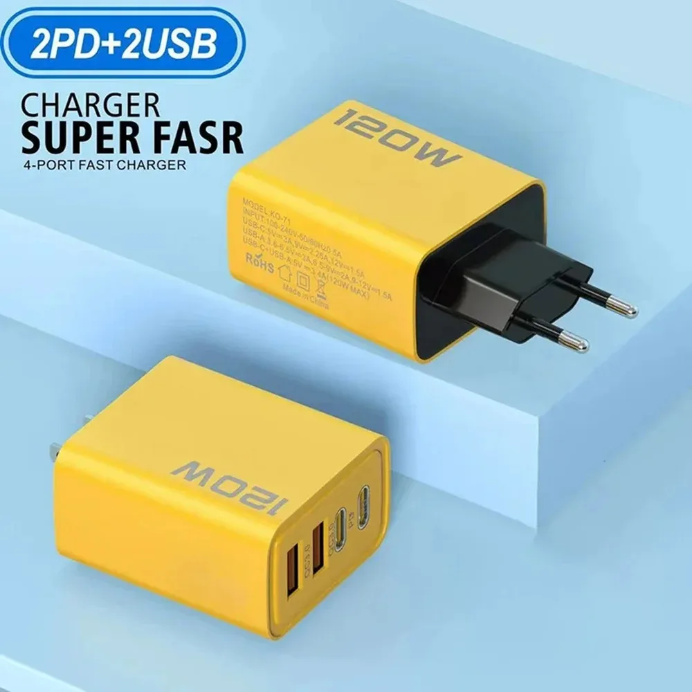 120W 4 Ports USB C Fast Charger PD Quick Charge 3.0 Wall Phone Adapter Universal Travel Charging Plug for iPhone Samsung Xiaomi