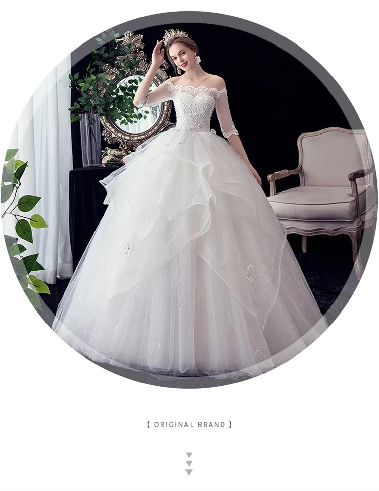 Vestido De Noiva 2021 New Gryffon Half Sleeve Boat Neck Wedding Ball Gown Luxury Lace Sequins Wedding Dresse Robe De Mariee