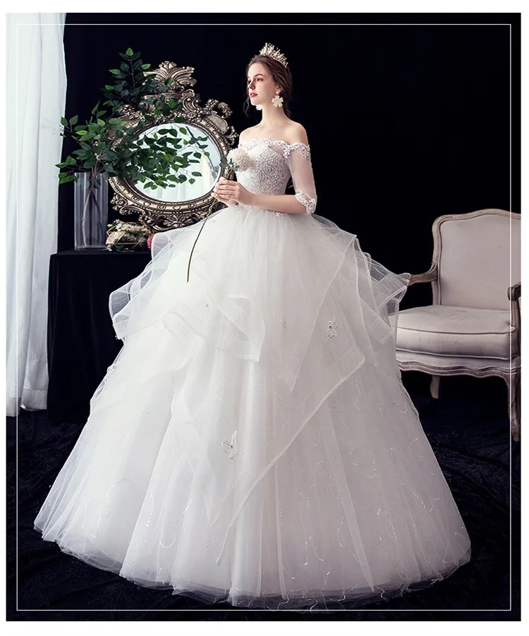 Vestido De Noiva 2021 New Gryffon Half Sleeve Boat Neck Wedding Ball Gown Luxury Lace Sequins Wedding Dresse Robe De Mariee
