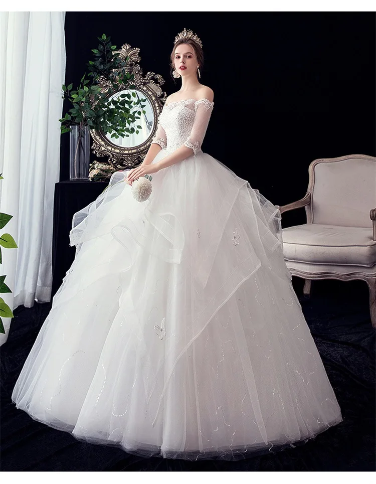 Vestido De Noiva 2021 New Gryffon Half Sleeve Boat Neck Wedding Ball Gown Luxury Lace Sequins Wedding Dresse Robe De Mariee