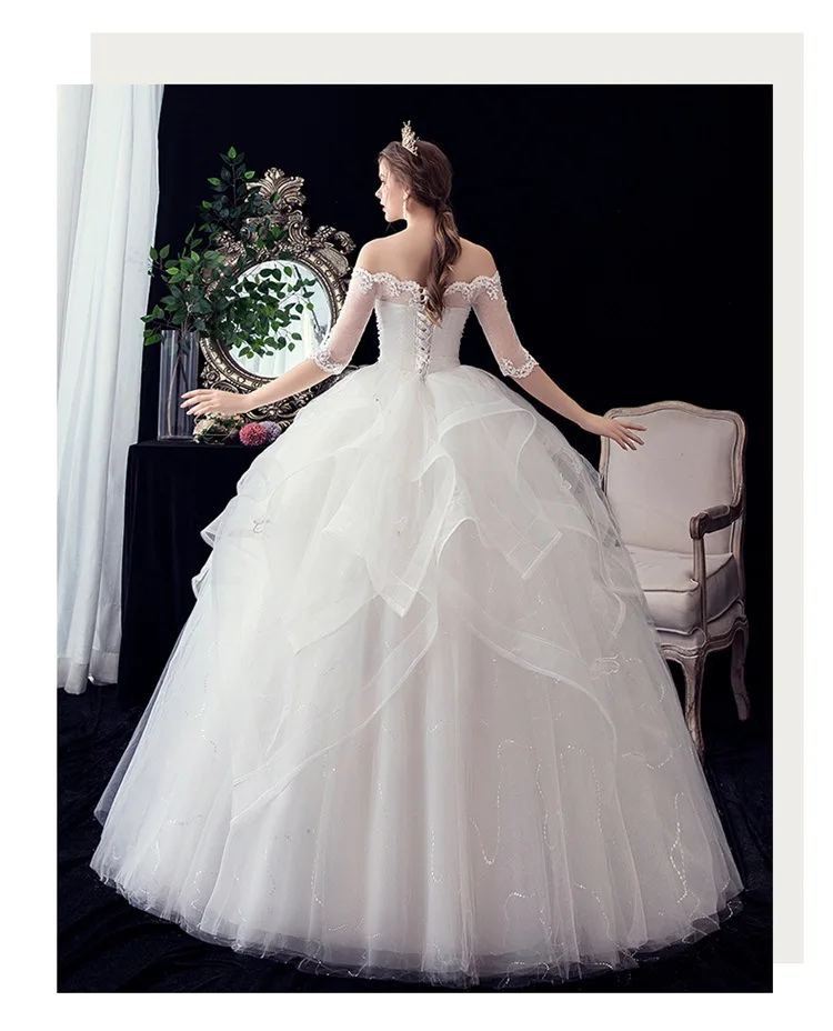 Vestido De Noiva 2021 New Gryffon Half Sleeve Boat Neck Wedding Ball Gown Luxury Lace Sequins Wedding Dresse Robe De Mariee