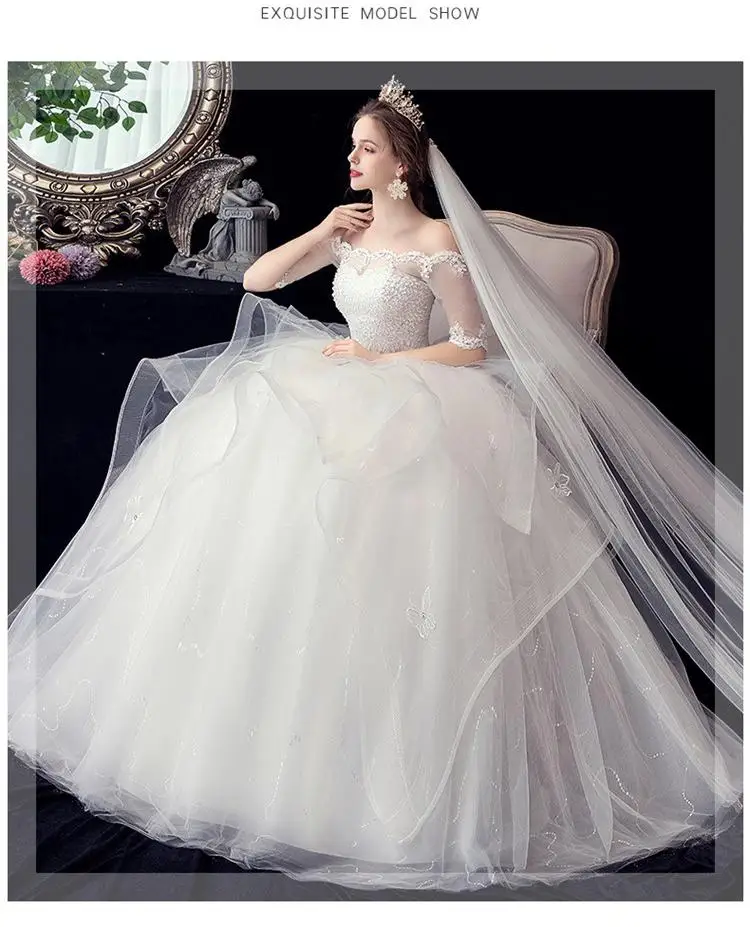 Vestido De Noiva 2021 New Gryffon Half Sleeve Boat Neck Wedding Ball Gown Luxury Lace Sequins Wedding Dresse Robe De Mariee