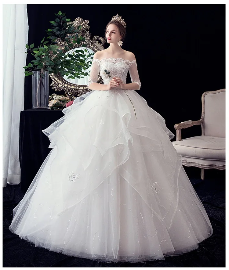 Vestido De Noiva 2021 New Gryffon Half Sleeve Boat Neck Wedding Ball Gown Luxury Lace Sequins Wedding Dresse Robe De Mariee