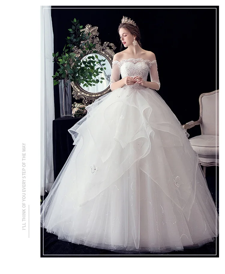 Vestido De Noiva 2021 New Gryffon Half Sleeve Boat Neck Wedding Ball Gown Luxury Lace Sequins Wedding Dresse Robe De Mariee