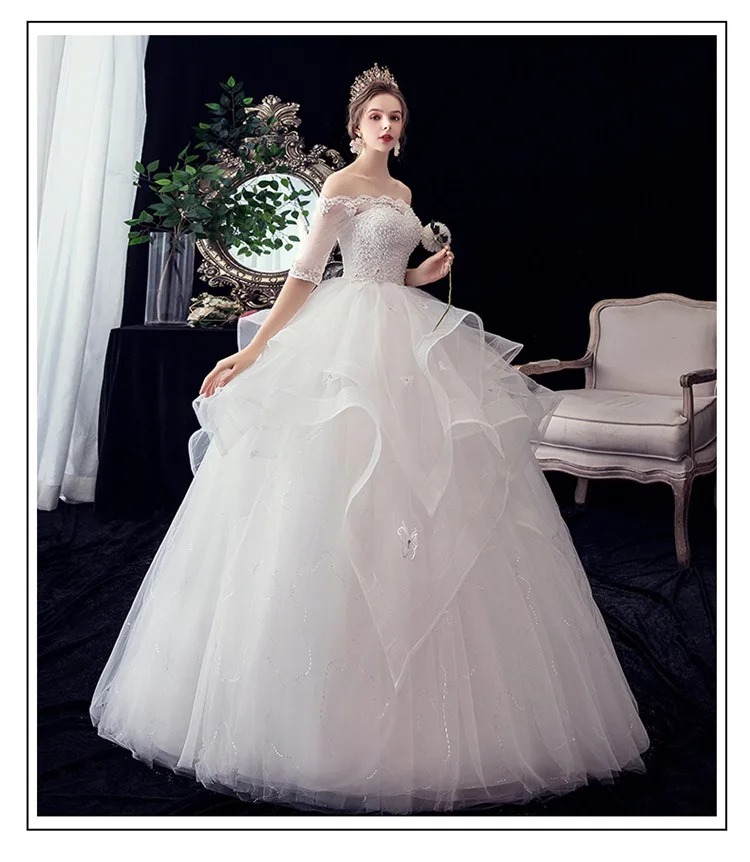 Vestido De Noiva 2021 New Gryffon Half Sleeve Boat Neck Wedding Ball Gown Luxury Lace Sequins Wedding Dresse Robe De Mariee