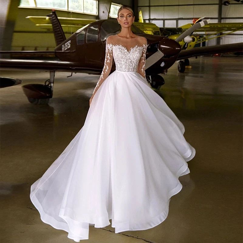 LORIE A-Line Bohemian Wedding Dress Charming Lace Applique Beads O-neck Organzeda Tulle Long Sleeve Beach Bridal Gown Custimz
